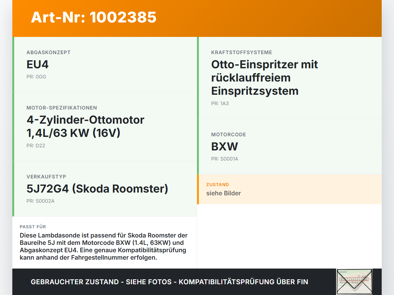 Skoda 5J 06-10 1,4 63KW Lambdasonde Skoda 5J 06-10 11.01.2008 036906262AA gebraucht Vorschau 3