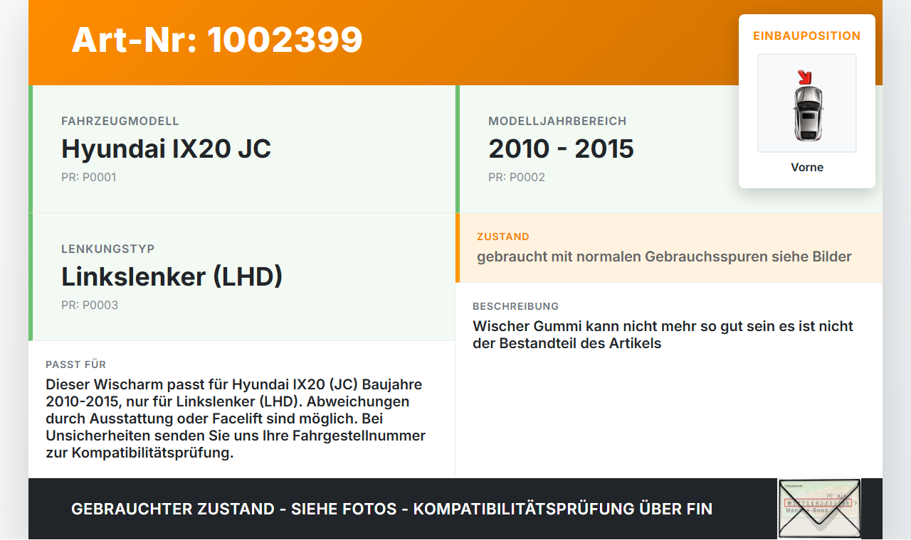 Hyundai IX20 JC 10-15 2x Scheibenwischer Wischarm Vorne Hyundai IX20 JC 10-15 07.02.2013 983101P000 gebraucht Vorschau 3