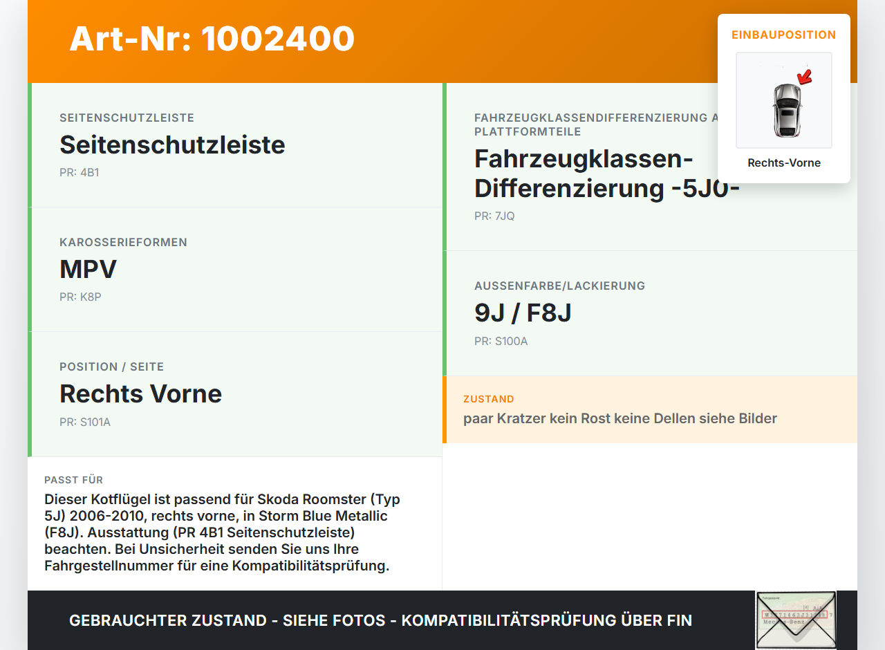 Skoda 5J 06-10 Kotflügel Rechts Vorne LF8J Skoda 5J 06-10 11.01.2008 5J0821022A gebraucht Vorschau 3