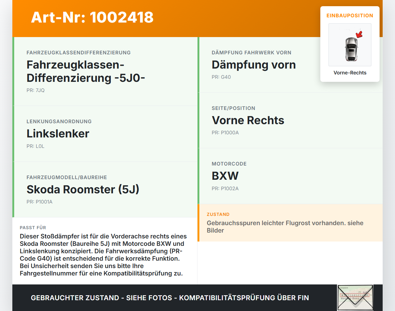 Skoda 5J 06-10 Stossdämpfer Vorne Rechts Skoda 5J 06-10 11.01.2008 JZW513025A 6Q0413031BJ gebraucht Vorschau 3