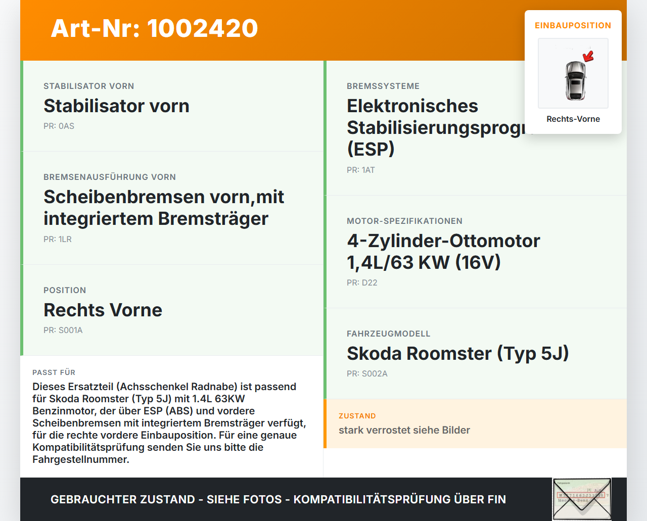 Skoda 5J 06-10 1,4 63KW Achsschenkel Radnabe mit ABS Rechts Vorne Skoda 5J 06-10 11.01.2008 6Q0407256AC gebraucht Vorschau 3