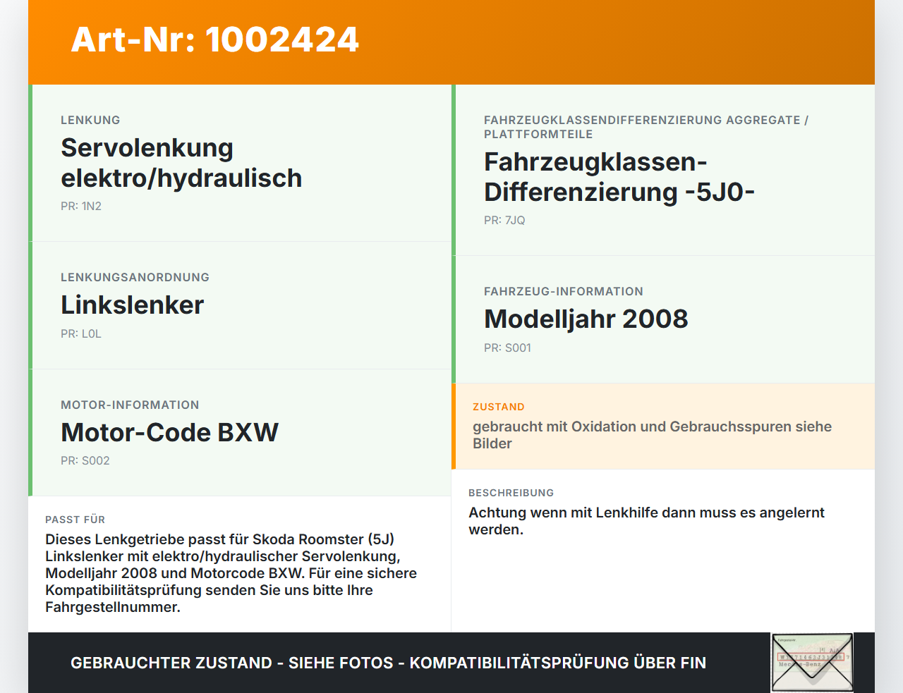 Skoda 5J 06-10 Lenkgetriebe Servolenkung Skoda 5J 06-10 11.01.2008 6Q1423070X gebraucht Vorschau 3