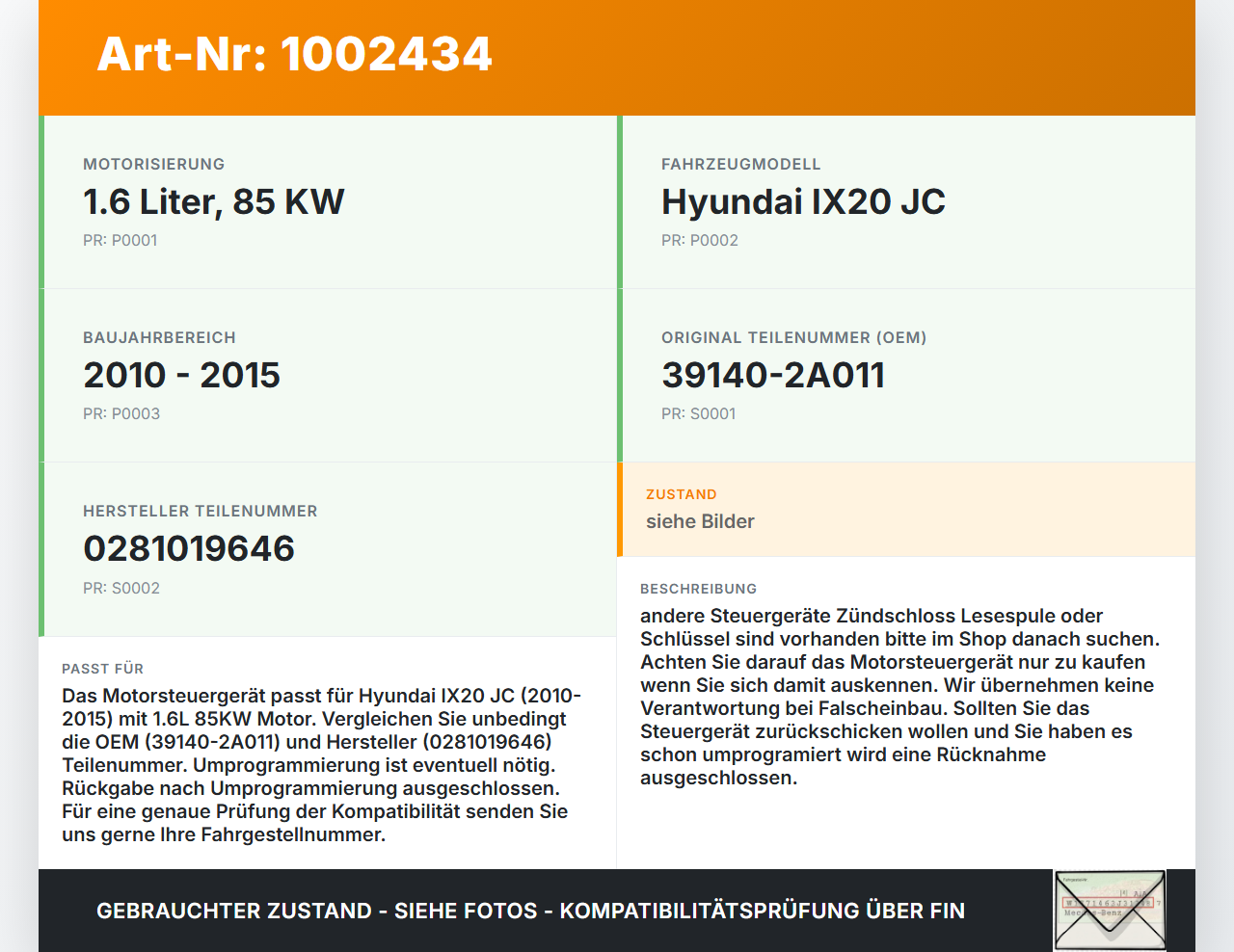 Hyundai IX20 JC 10-15 1,6 85KW Steuergerät ECU für Motor Motorsteuergerät Hyundai IX20 JC 10-15 07.02.2013... Vorschau 3