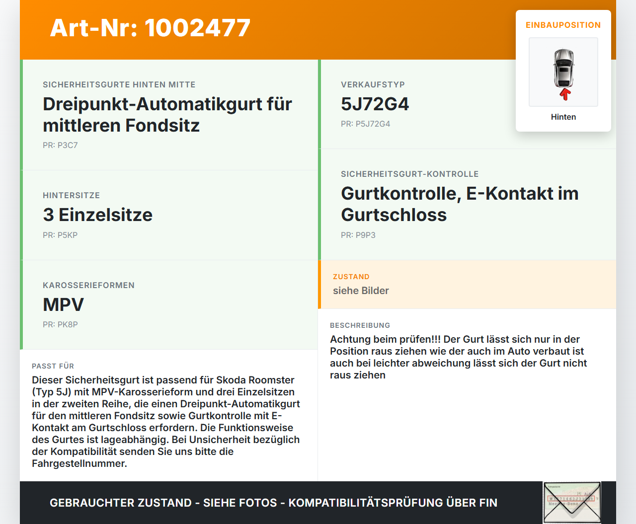 Skoda 5J 06-10 Kombi Gurt Sicherheitsgurt Mitte Hinten Skoda 5J 06-10 11.01.2008 5J7857807 C5J7857807... Vorschau 3