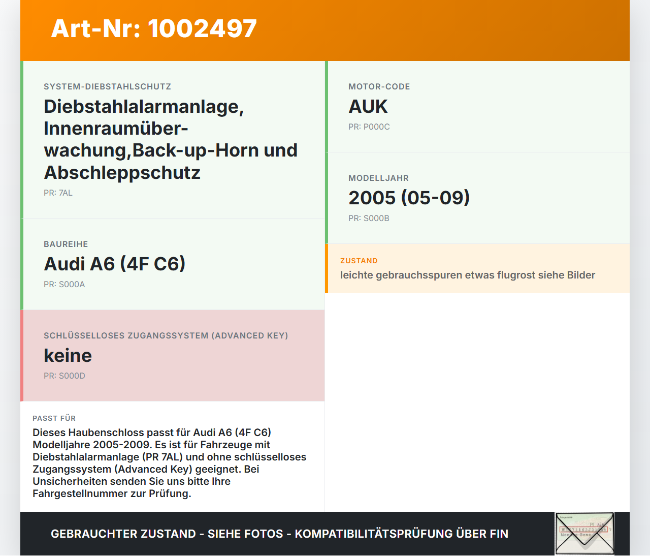 Audi A6 4F C6 05-09 Haubenschloss Motorhaubenschloss Schloss Audi A6 4F C6 05-09 09.03.2004 4F0823480B gebraucht Vorschau 3