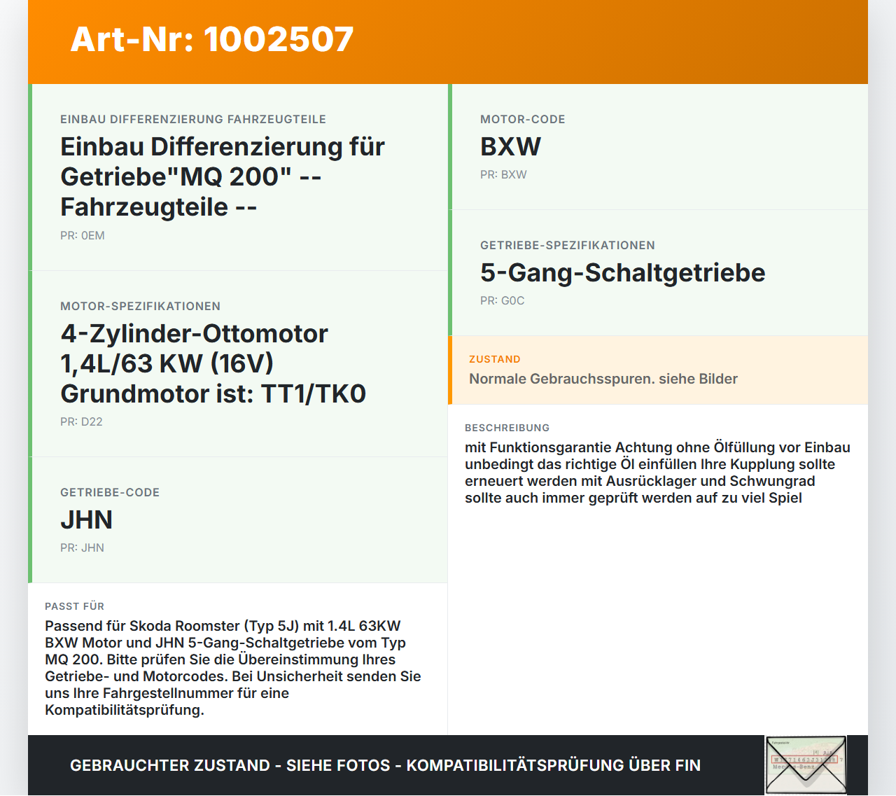 Skoda 5J 06-10 1,4 63KW JHN Schaltgetriebe Getriebe JHN 5G Skoda 5J 06-10 11.01.2008 02T300057C gebraucht Vorschau 3