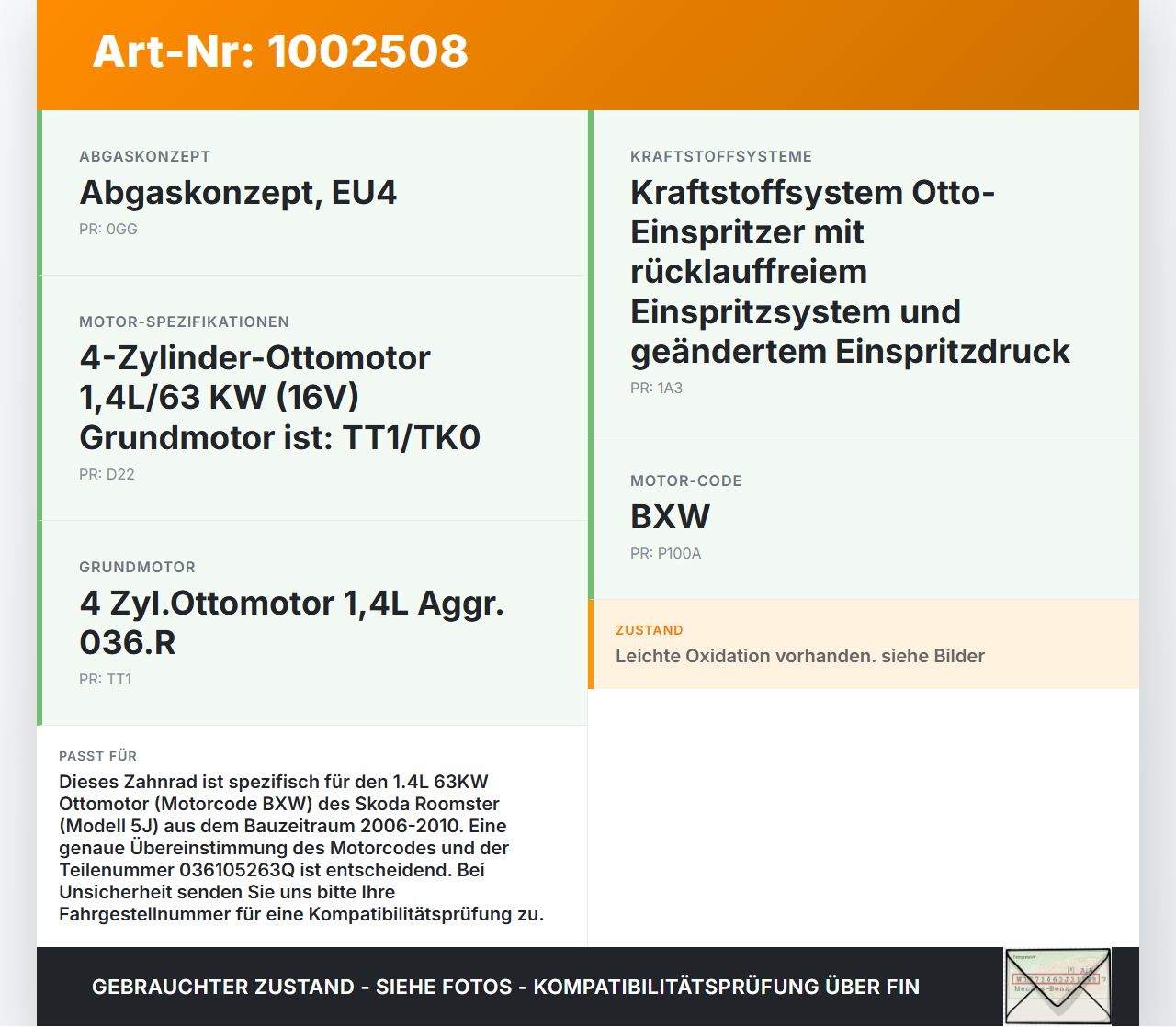 Skoda 5J 06-10 1,4 63KW BXW Zahnrad Skoda 5J 06-10 11.01.2008 036105263Q gebraucht Vorschau 3