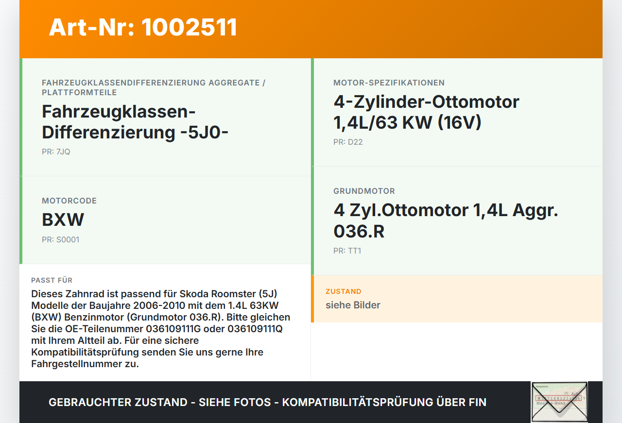 Skoda 5J 06-10 1,4 63KW BXW Zahnrad Auslass Skoda 5J 06-10 11.01.2008 036109111G 036109111Q gebraucht Vorschau 3