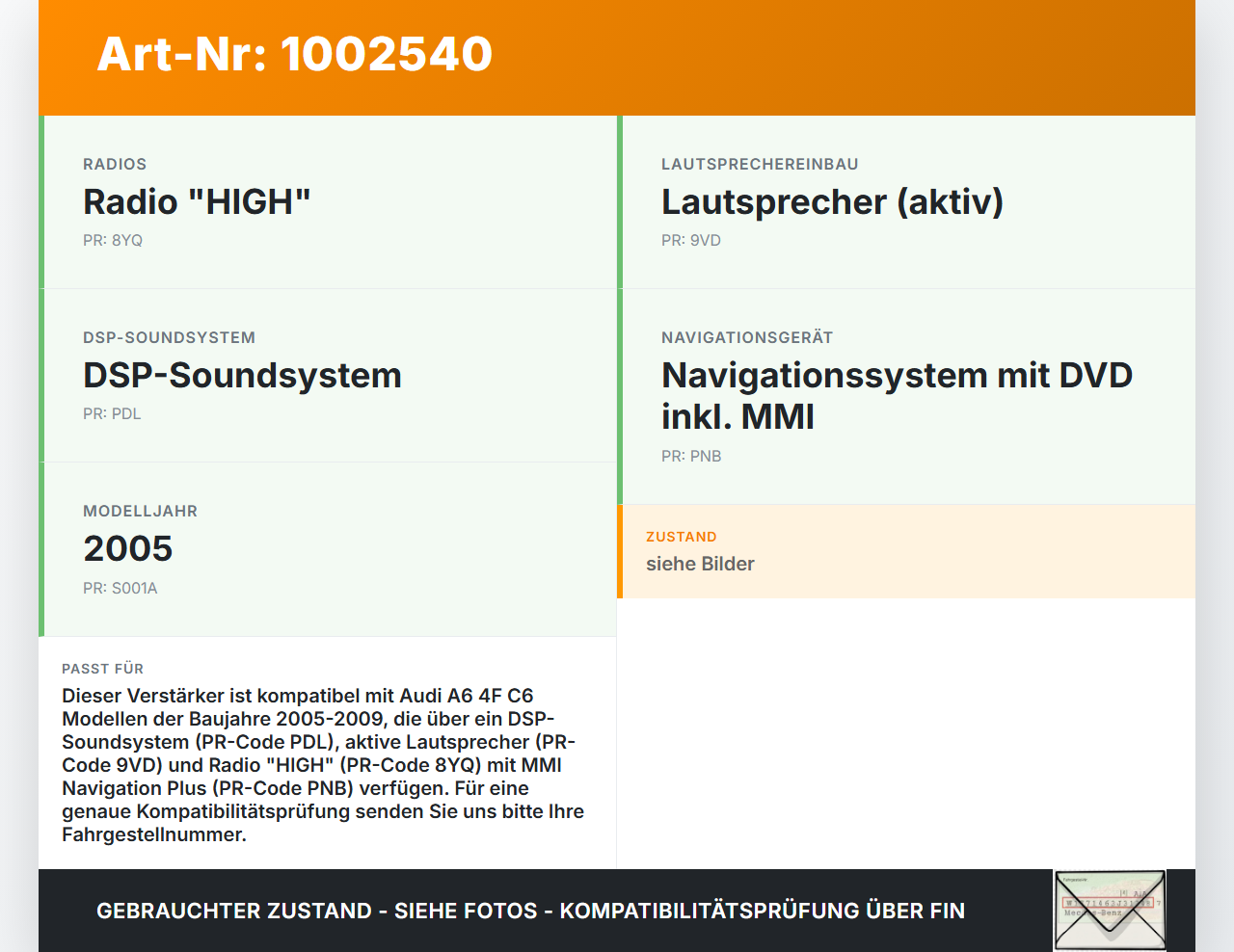 Audi A6 4F C6 05-09 Verstärker Endstufe Soundsystem Audi A6 4F C6 05-09 09.03.2004 f4F0910223 4F0035223... Vorschau 3