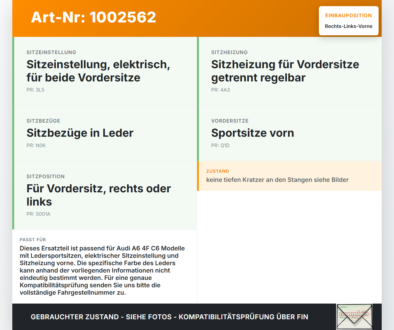 Audi A6 4F C6 05-09 Leder Kopfstütze für Fahrer Sitz Rechts oder Links Vorne Audi A6 4F C6 05-09 09.03.2004... Vorschau 3