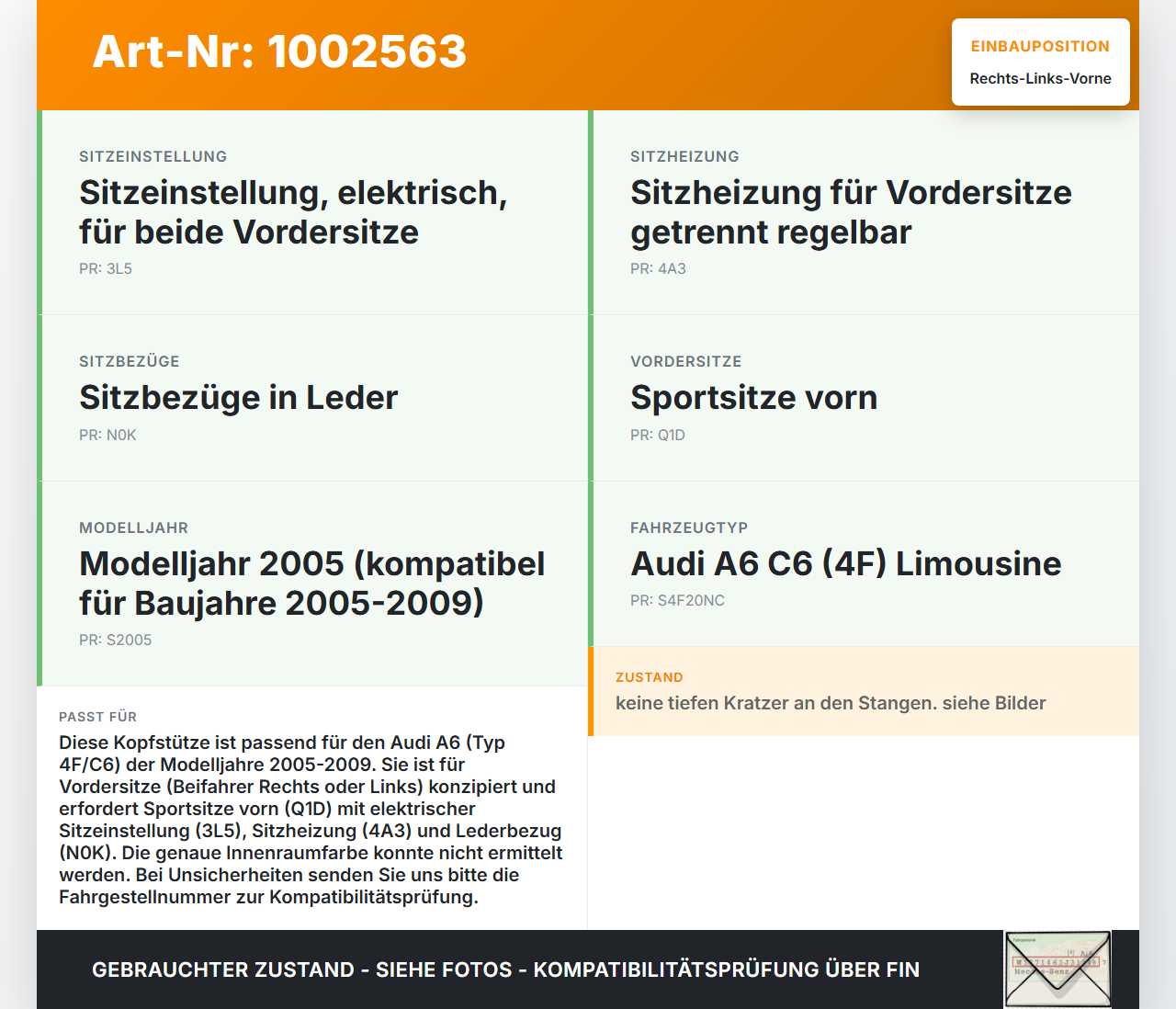 Audi A6 4F C6 05-09 5T Leder Kopfstütze für Beifahrer Sitz Rechts oder Links Vorne Audi A6 4F C6 05-09 09.03.2004... Vorschau 3
