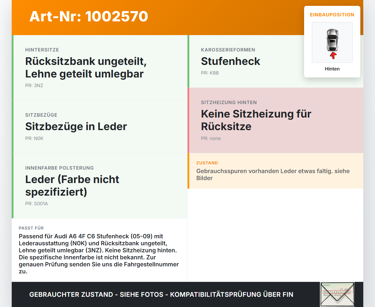 Audi A6 4F C6 05-09 5T Sitzbezug Sitzpolster für Rücksitzbank Hinten Leder Audi A6 4F C6 05-09 09.03.2004... Vorschau 3