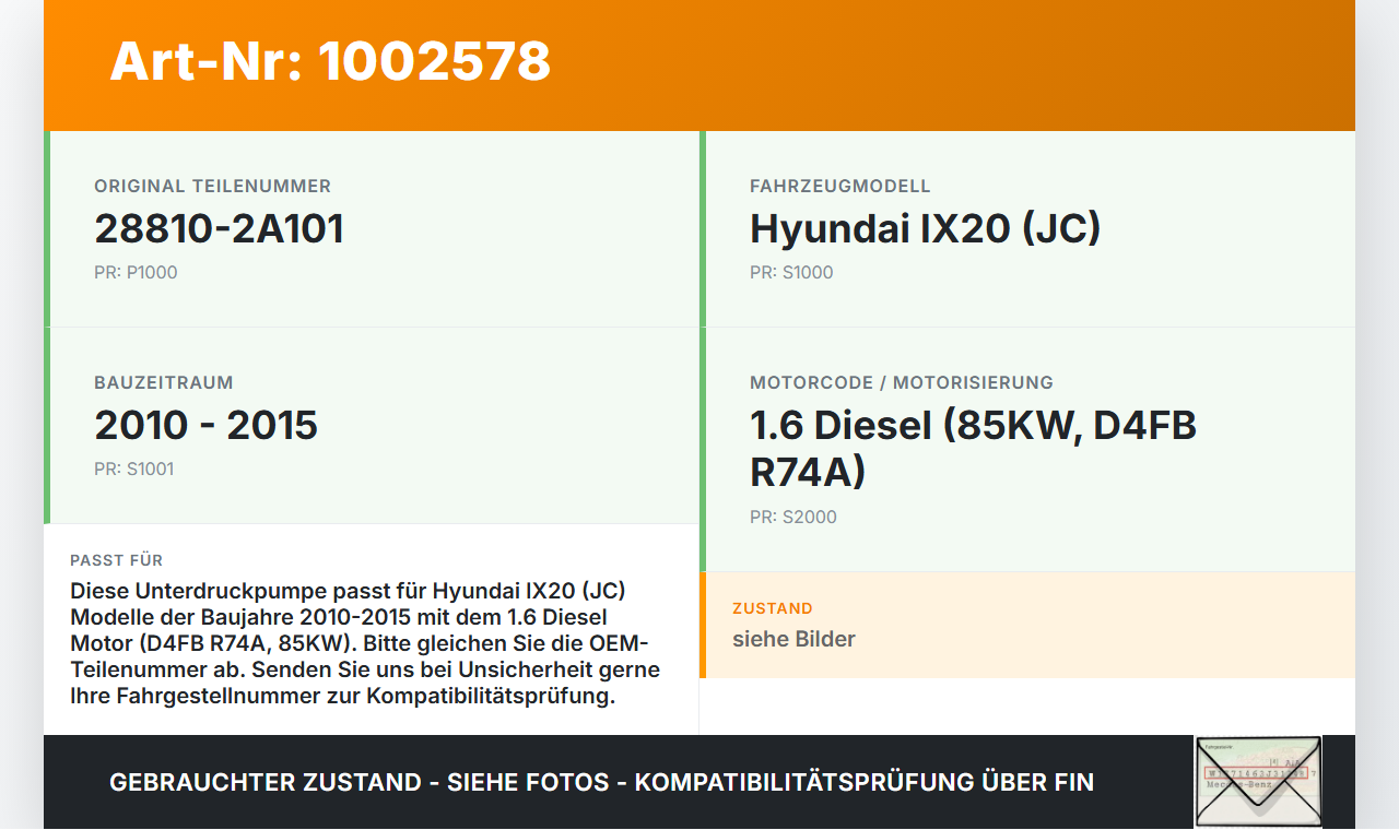 Hyundai IX20 JC 10-15 1,6 85KW D4FB R74A Unterdruckpumpe Vakuumpumpe Hyundai IX20 JC 10-15 07.02.2013 288102A101... Vorschau 3