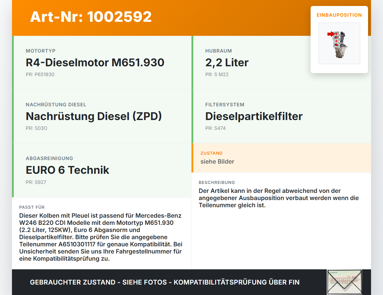 Mercedes W246 B220 11-14 CDI 2,2 125KW 651930 Kolben mit Pleuel Pos D Mercedes W246 B220 11-14 30.04.2013... Vorschau 3