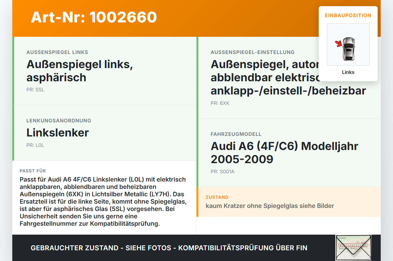 Audi A6 4F C6 05-09 Spiegel Aussenspiegel Links LY7H Audi A6 4F C6 05-09 09.03.2004 4F1858531K 4F1858531K01C gebraucht Vorschau 3