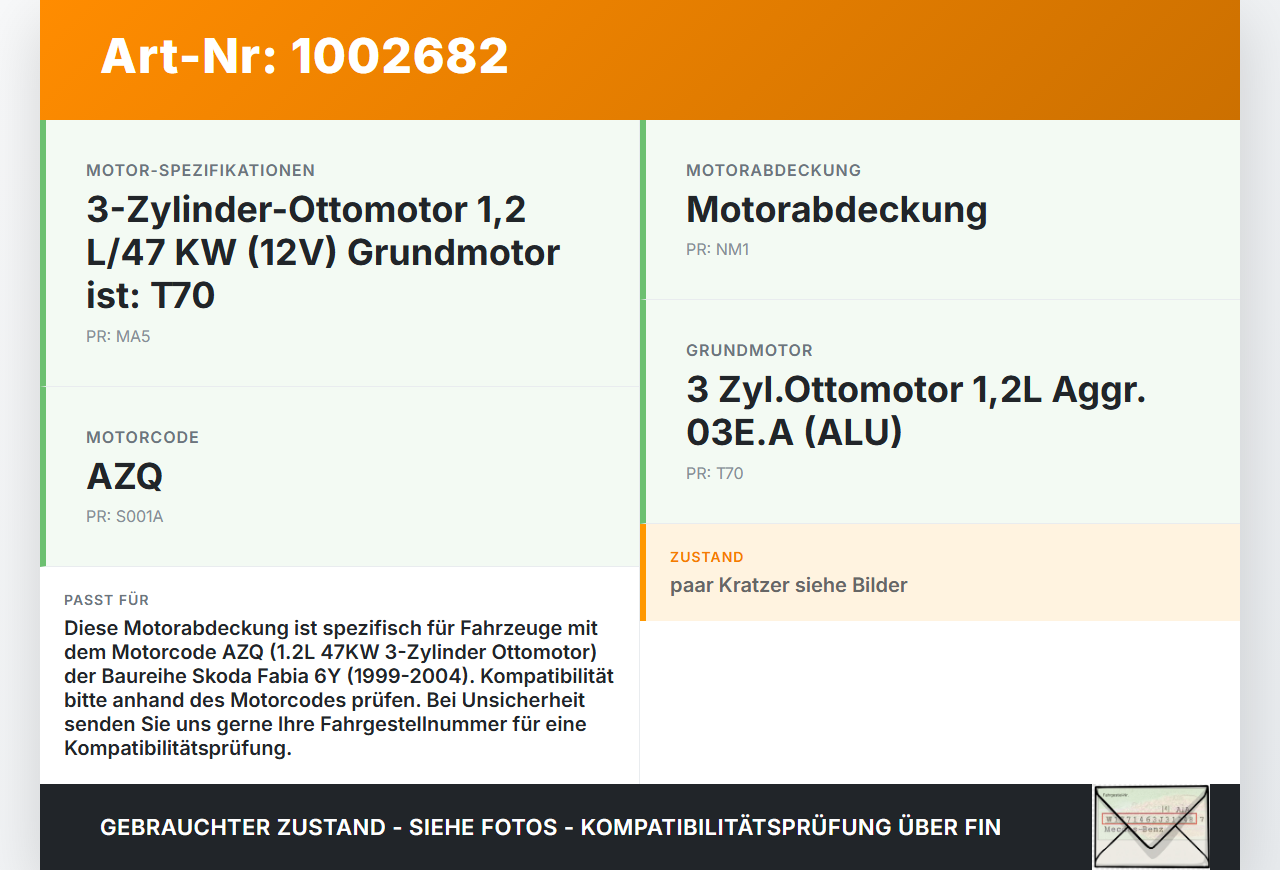 Skoda Fabia 6Y 99-04 1,2 47KW AZQ Abdeckung für Motor Deckel Motorabdeckung Skoda Fabia 6Y 99-04 16.05.2003 gebraucht Vorschau 3