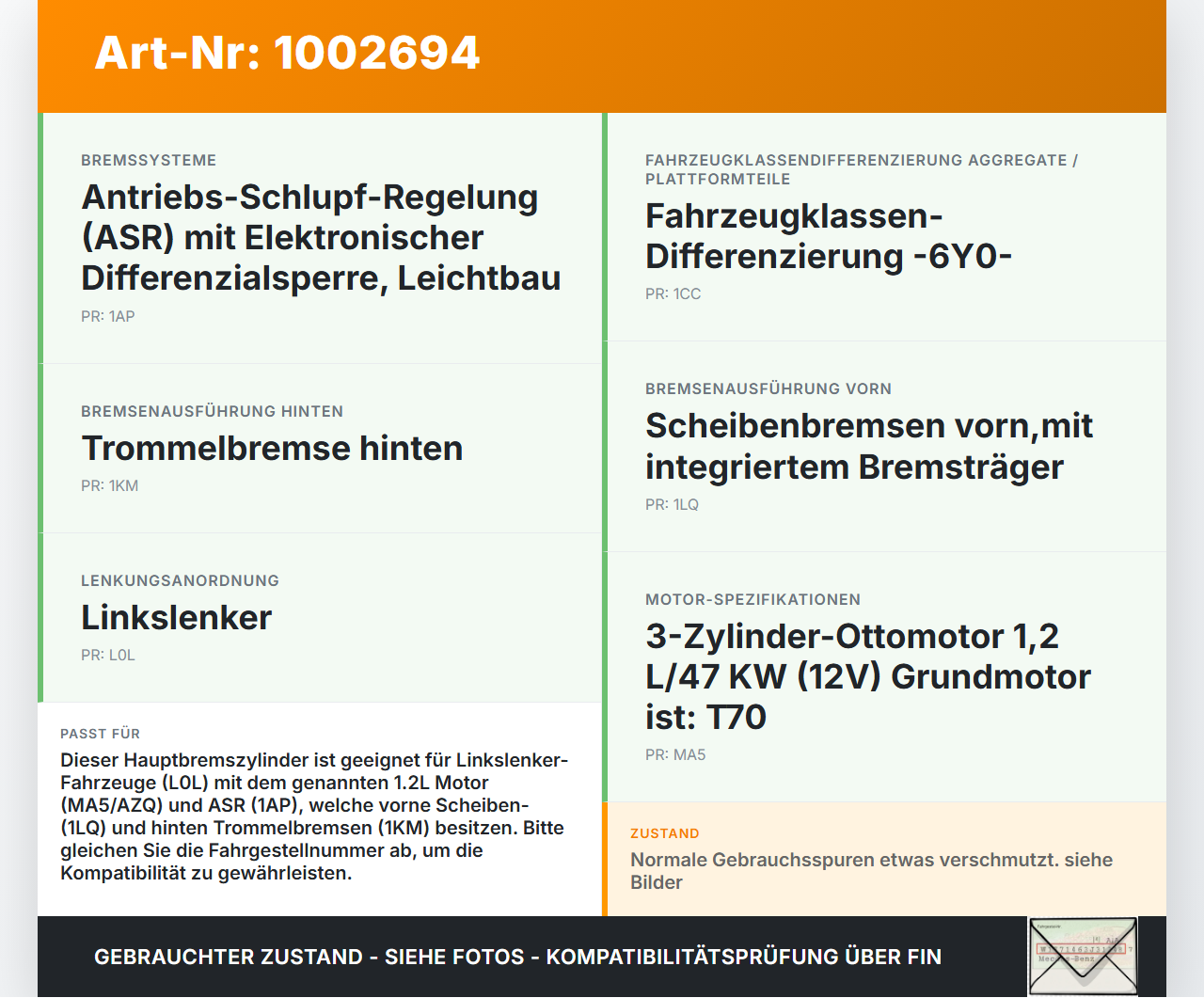 Skoda Fabia 6Y 99-04 Hauptbremszylinder Bremszylinder Skoda Fabia 6Y 99-04 16.05.2003 6Q0611019Q 7314-07 gebraucht Vorschau 3