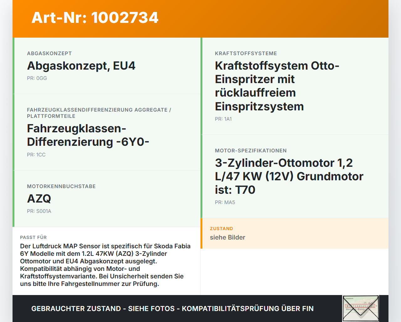 Skoda Fabia 6Y 99-04 1,2 47KW Luftdruck MAP Sensor Skoda Fabia 6Y 99-04 16.05.2003 0261230031 06B906051 gebraucht Vorschau 3