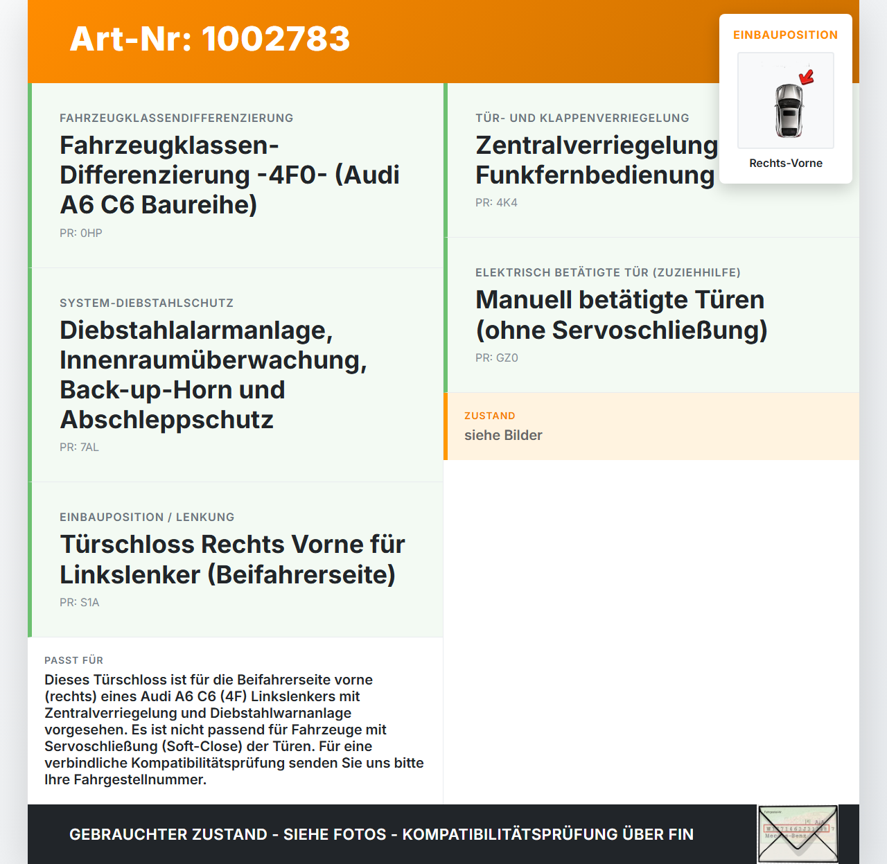 Audi A6 4F C6 05-09 5T Türschloss m. ZV Stellmotor Rechts Vorne Audi A6 4F C6 05-09 09.03.2004 4F1837016 gebraucht Vorschau 3