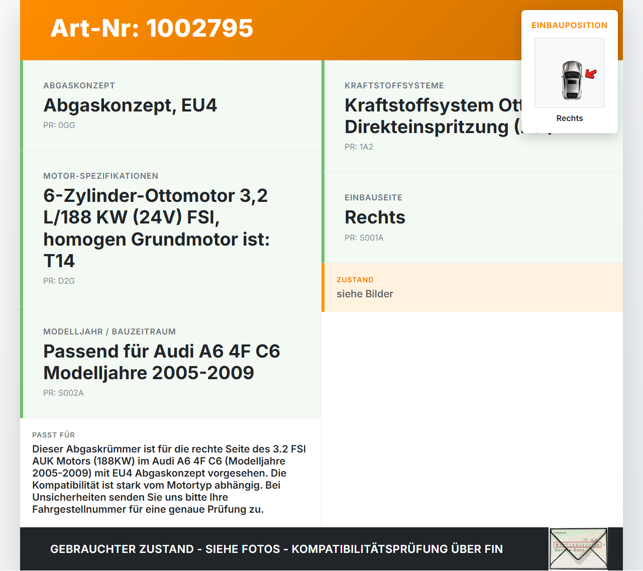 Audi A6 4F C6 05-09 3.2 188KW AUK Abgaskrümmer Rechts Audi A6 4F C6 05-09 09.03.2004 03E253034D 06E253032B gebraucht Vorschau 3