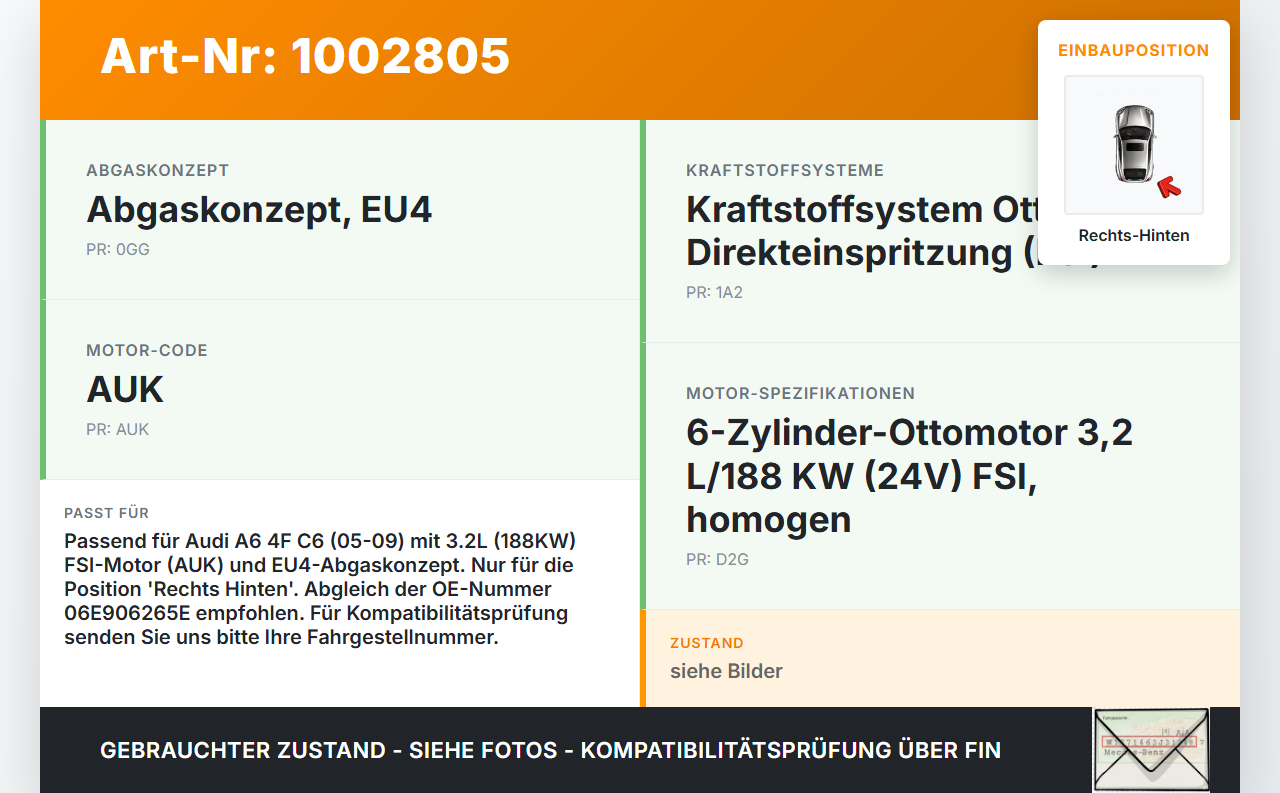 Audi A6 4F C6 05-09 3.2 188KW Lambdasonde Rechts Hinten Audi A6 4F C6 05-09 09.03.2004 06E906265E gebraucht Vorschau 3