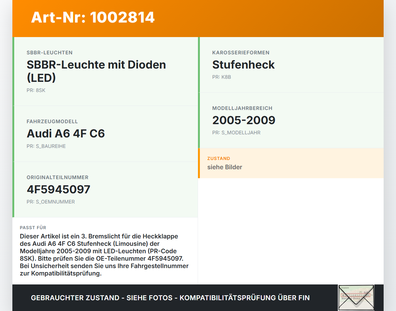 Audi A6 4F C6 05-09 5T Bremslicht 3. Bremsleuchte Klappe Audi A6 4F C6 05-09 09.03.2004 4F5945097 gebraucht Vorschau 3