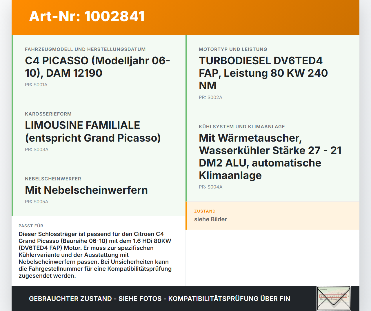 Citroen C4 Grand Picasso 06-10 HDi 1,6 80KW Schlossträger Frontmaske Träger Citroen C4 Grand Picasso 06-10... Vorschau 3