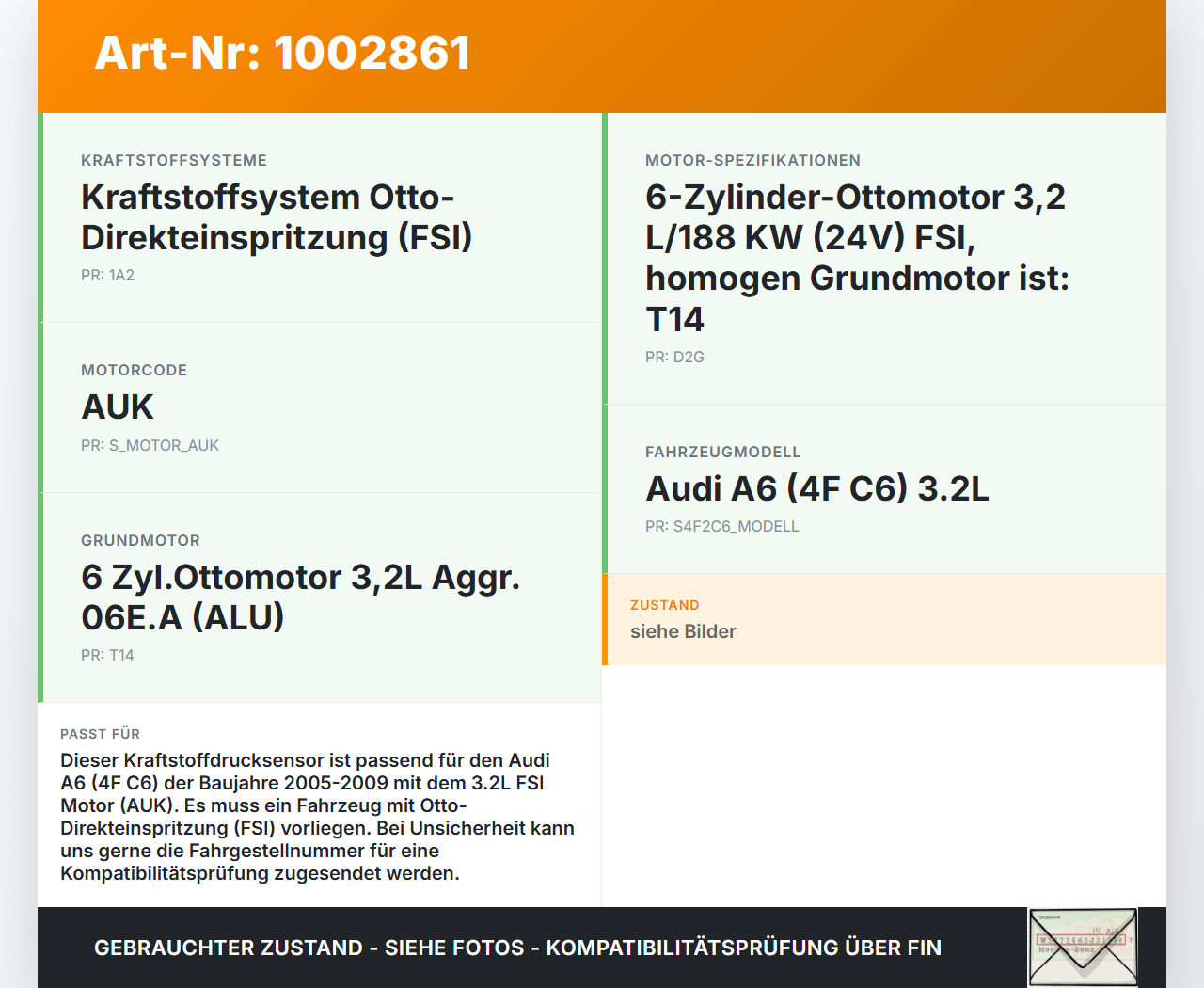 Audi A6 4F C6 05-09 3.2 Railsensor Drucksensor Kraftstoffdruck Audi A6 4F C6 05-09 09.03.2004 0261545008 gebraucht Vorschau 3