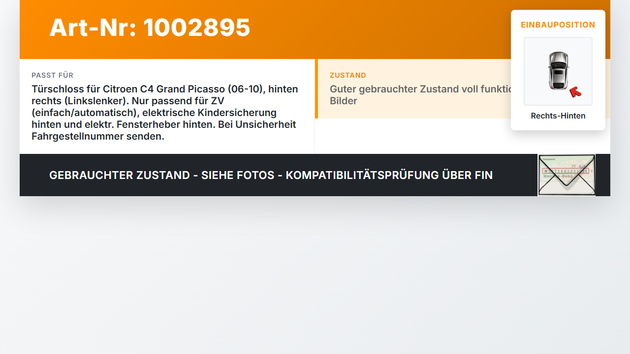 Citroen C4 Grand Picasso 06-10 Van Türschloss m. ZV Stellmotor Rechts Hinten Citroen C4 Grand Picasso 06-10... Vorschau 3