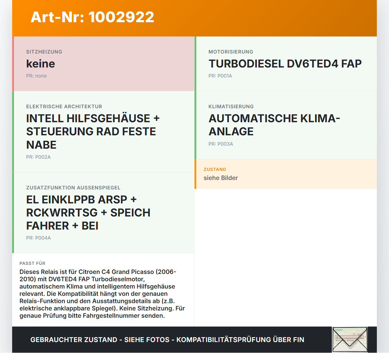 Citroen C4 Grand Picasso 06-10 Relais Citroen C4 Grand Picasso 06-10 12.04.2010 gebraucht Vorschau 3
