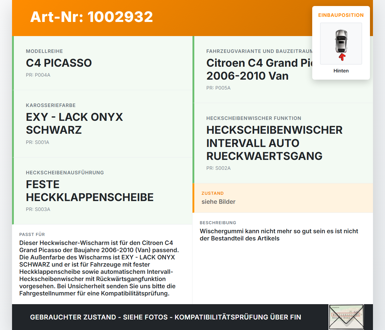Citroen C4 Grand Picasso 06-10 Van Heckwischer Scheibenwischer Hinten Wischarm Citroen C4 Grand Picasso 06-10... Vorschau 3
