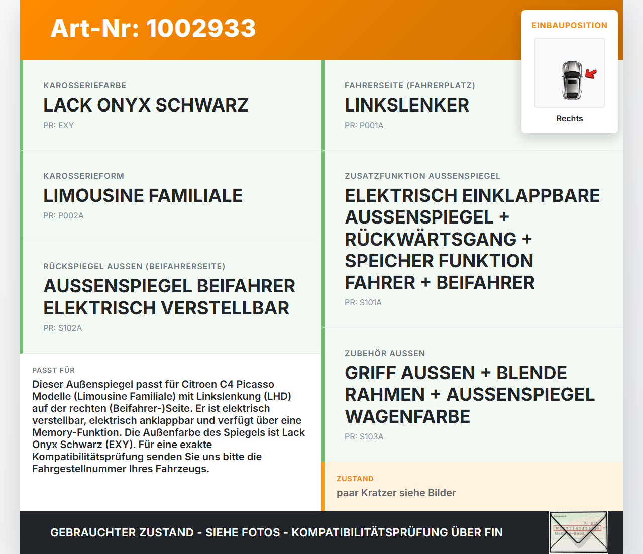 Citroen C4 Grand Picasso 06-10 Spiegel Aussenspiegel Rechts Elektr. Klappbar EXY Citroen C4 Grand Picasso 06-10... Vorschau 3