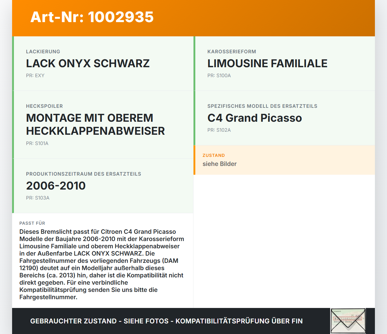 Citroen C4 Grand Picasso 06-10 Van Bremslicht 3. Bremsleuchte für Klappe Citroen C4 Grand Picasso 06-10 12.04.2010... Vorschau 3