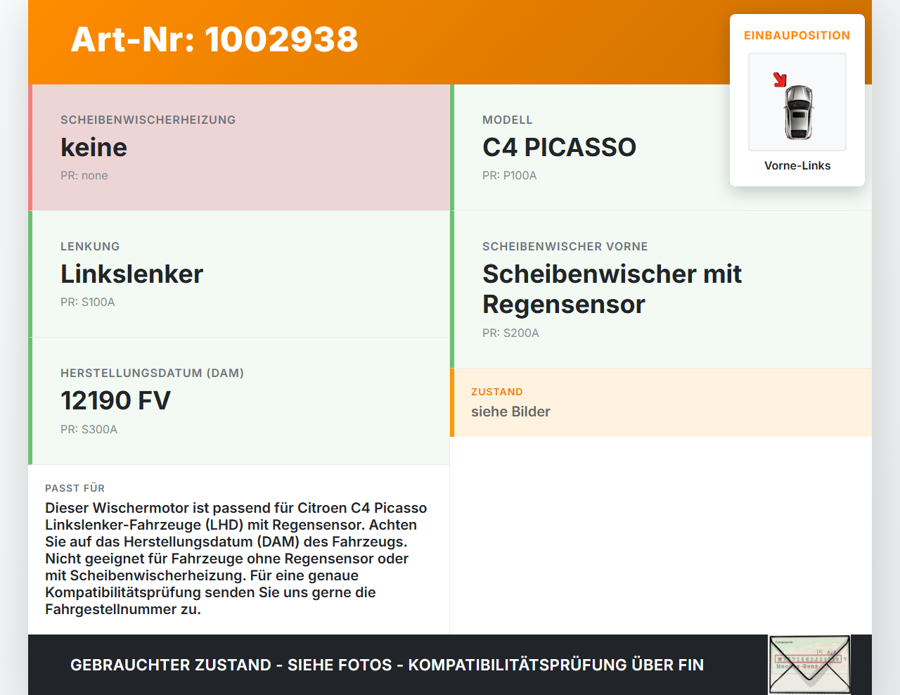 Citroen C4 Grand Picasso 06-10 Wischermotor Vorne Links Citroen C4 Grand Picasso 06-10 12.04.2010 6405NG 9687621780... Vorschau 3