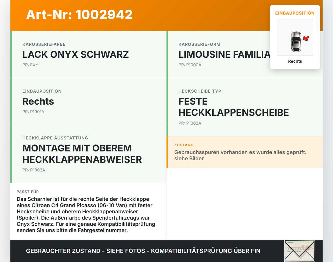 Citroen C4 Grand Picasso 06-10 Van Scharniere Scharnier für Heckklappe Rechts Citroen C4 Grand Picasso 06-10... Vorschau 3