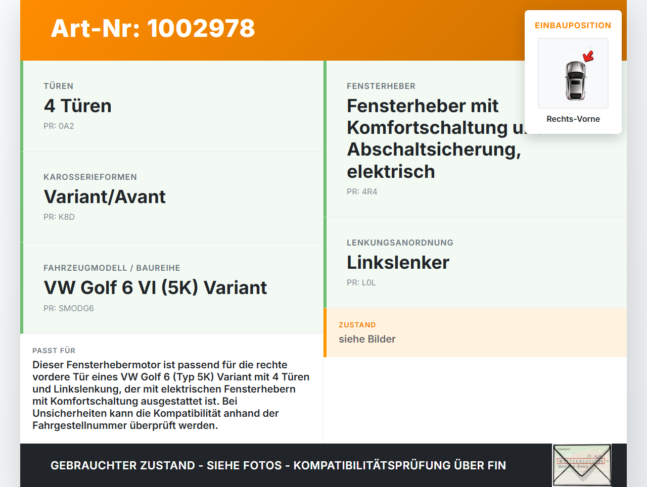 VW Golf 5K 6 VI Variant 08-12 5T Fensterhebermotor Rechts Vorne VW Golf 5K 6 VI Variant 08-12 18.11.2010 561959702C... Vorschau 3