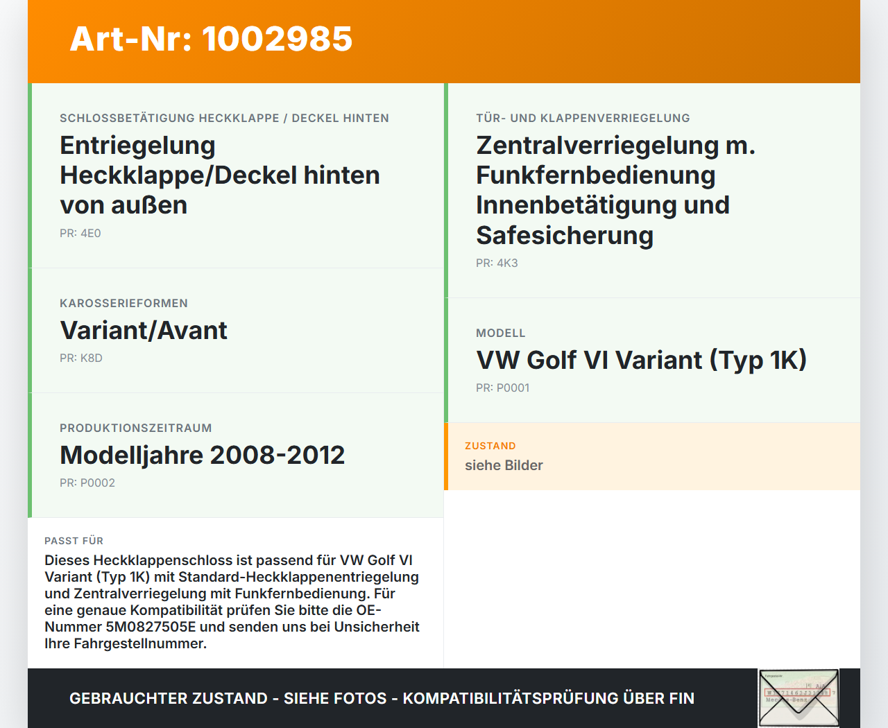VW Golf 5K 6 VI Variant 08-12 5T Schloss f. Heckklappe Heckklappenschloss Verriegelung VW Golf 5K 6 VI Variant... Vorschau 3