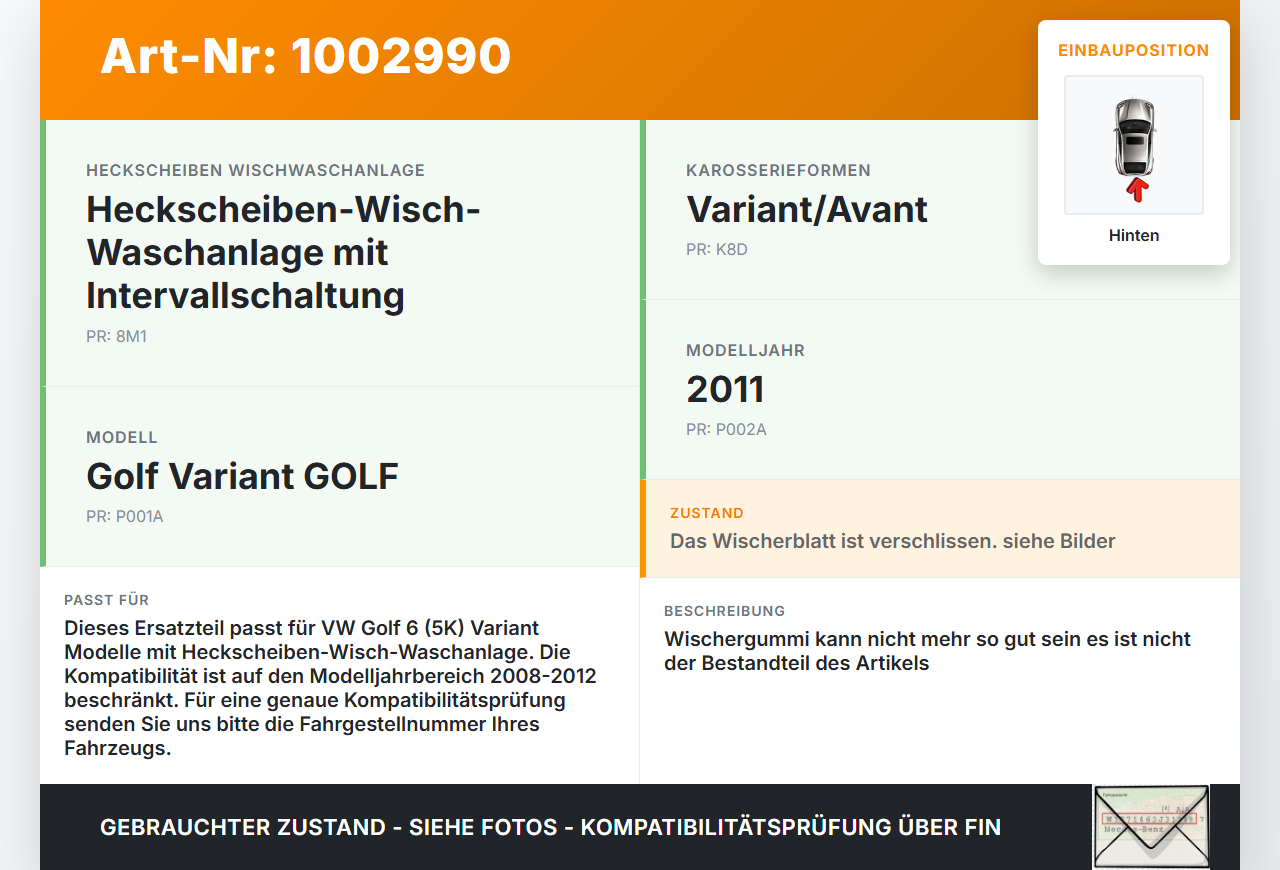VW Golf 5K 6 VI Variant 08-12 5T Heckwischer Scheibenwischer Hinten Wischarm VW Golf 5K 6 VI Variant 08-12... Vorschau 3