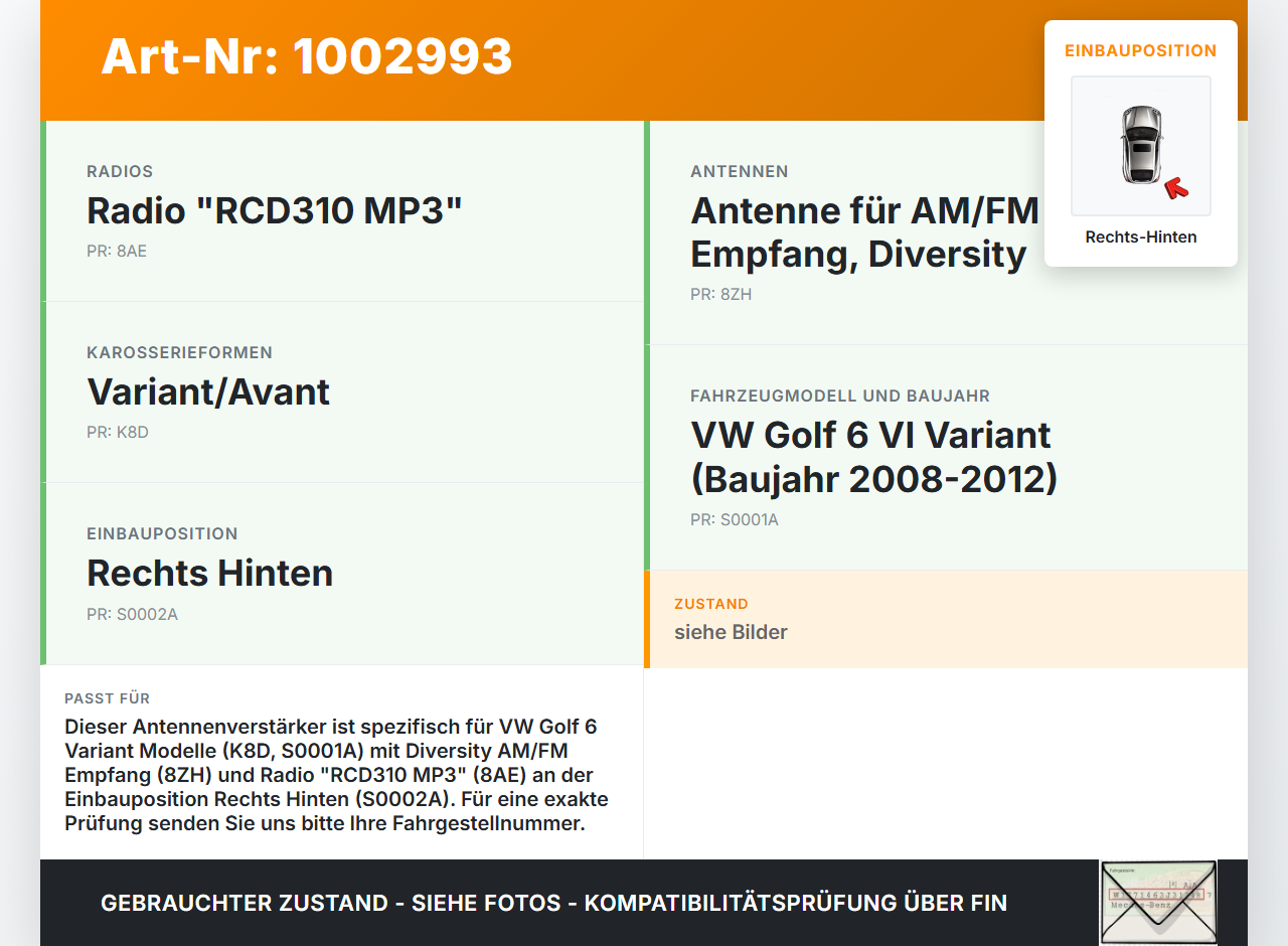 VW Golf 5K 6 VI Variant 08-12 Antennenverstärker Weiche Antenne Rechts Hinten VW Golf 5K 6 VI Variant 08-12... Vorschau 3