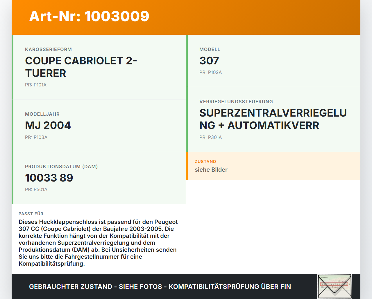 Peugeot 307 CC 03-05 Cabriolet Schloss f. Heckklappe Heckklappenschloss Verriegelung Peugeot 307 CC 03-05... Vorschau 3
