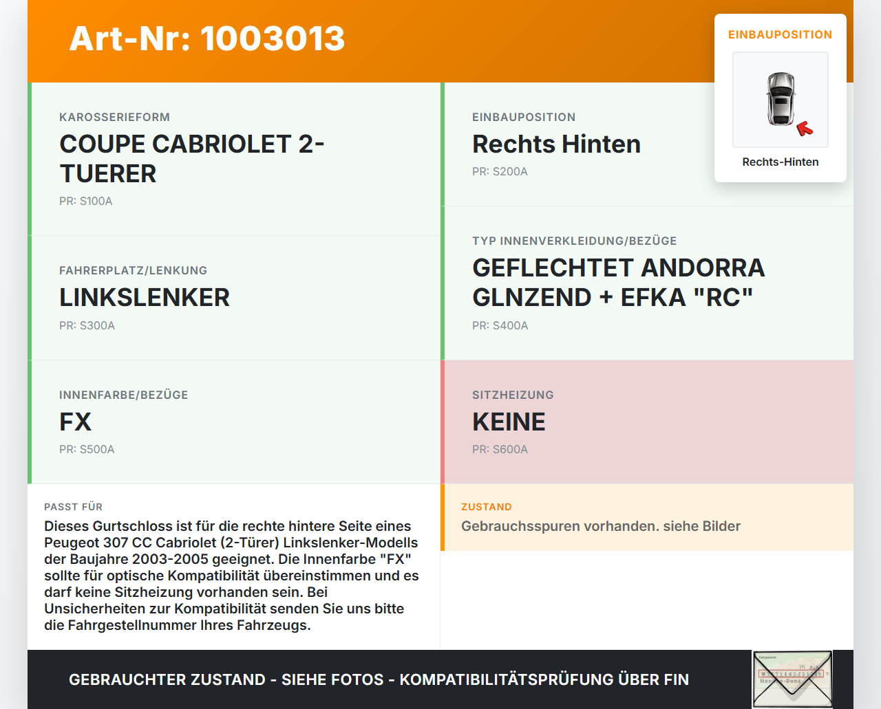 Peugeot 307 CC 03-05 Cabriolet Gurtschloss Rechts Hinten Peugeot 307 CC 03-05 21.05.2004 DE410-AA gebraucht Vorschau 3