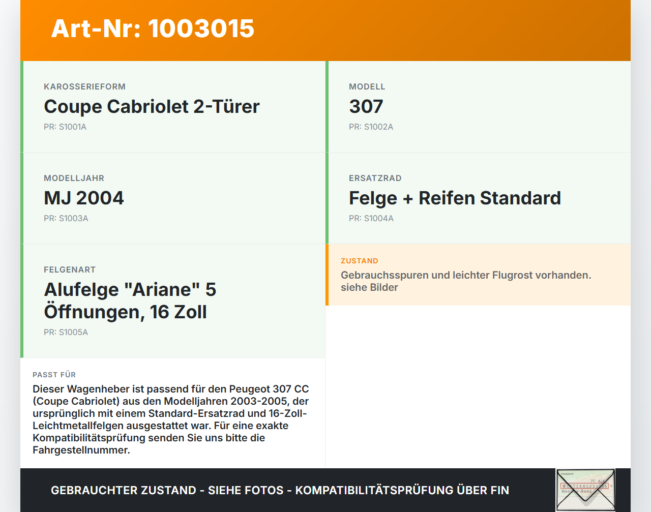 Peugeot 307 CC 03-05 Wagenheber Peugeot 307 CC 03-05 21.05.2004 672588 gebraucht Vorschau 3