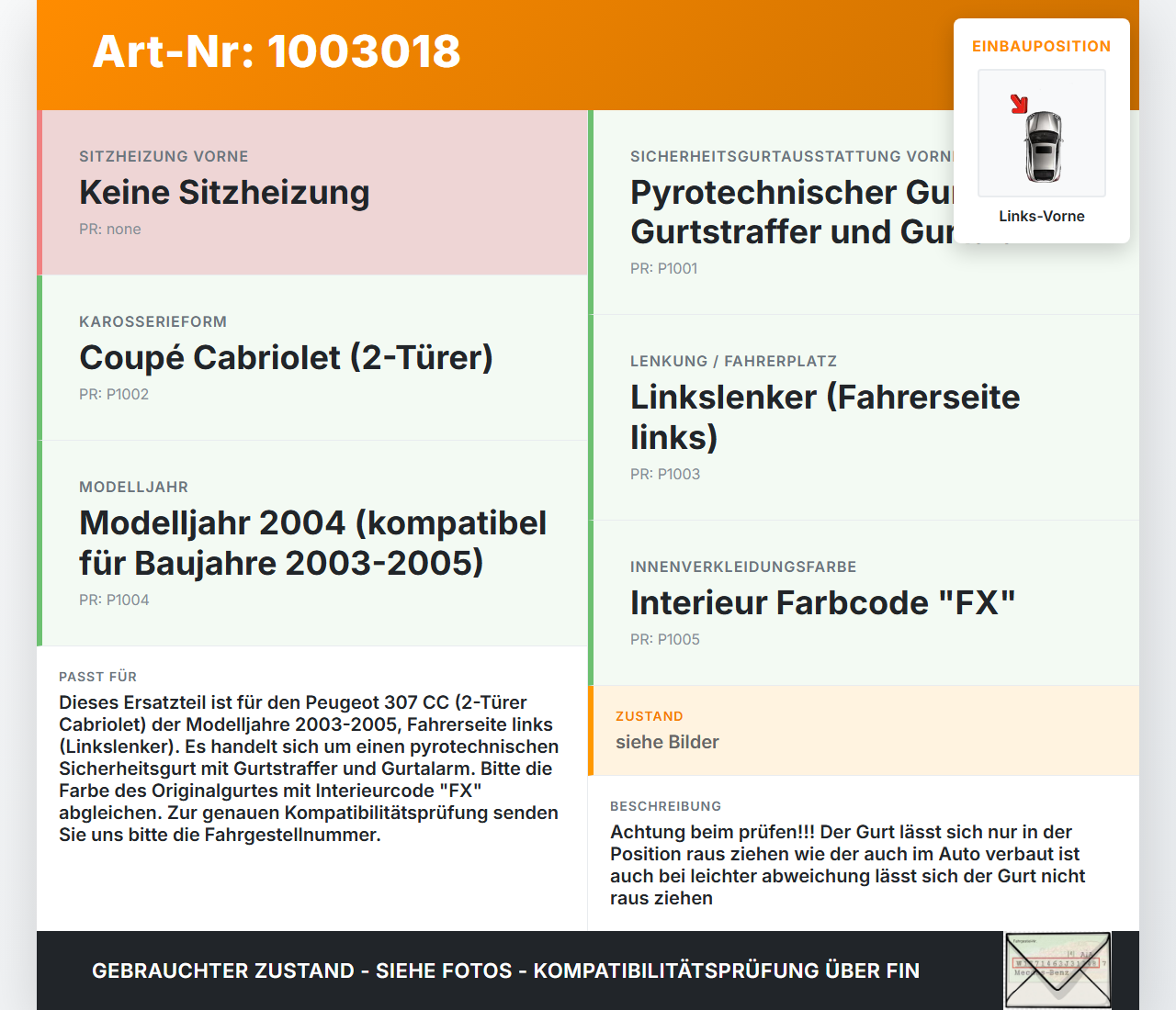 Peugeot 307 CC 03-05 Cabriolet Gurt Sicherheitsgurt m. Gurtstraffer für Fahrer Links Vorne Peugeot 307 CC 03-05... Vorschau 3