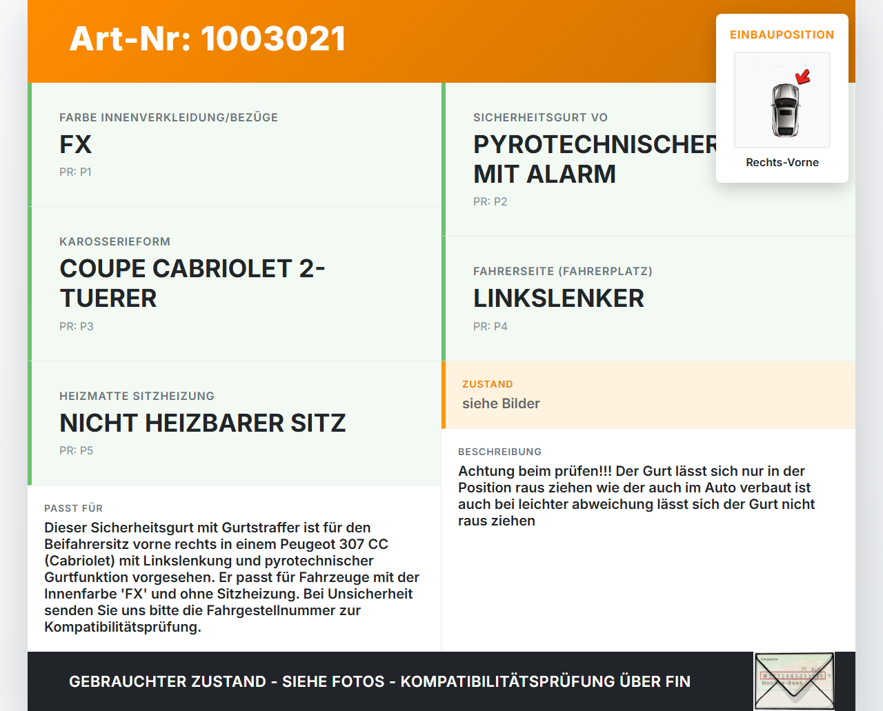 Peugeot 307 CC 03-05 Cabriolet Gurt Sicherheitsgurt Gurtstraffer für Beifahrer Rechts Vorne Peugeot 307 CC 03-05... Vorschau 3