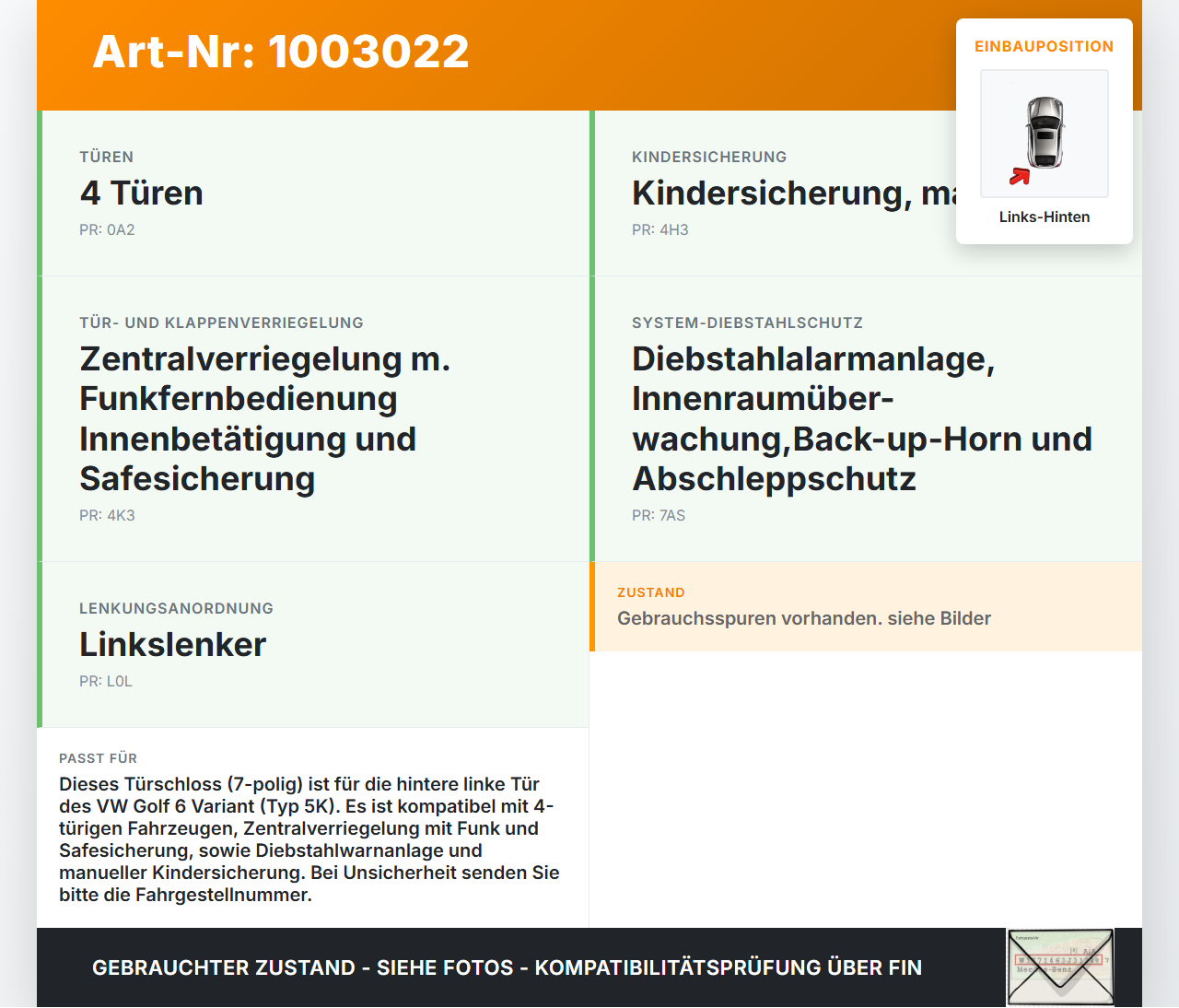 VW Golf 5K 6 VI Variant 08-12 5T Türschloss m. ZV Stellmotor Links Hinten 7Polig VW Golf 5K 6 VI Variant 08-12... Vorschau 3