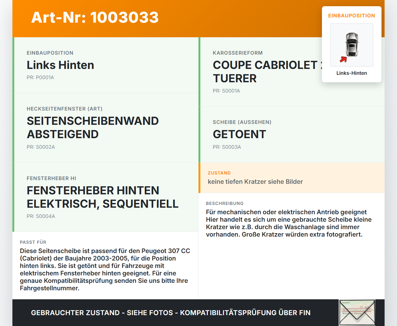 Peugeot 307 CC 03-05 Cabriolet LHK Seitenscheibe für Tür Fenster Scheibe Links Hinten Peugeot 307 CC 03-05... Vorschau 3
