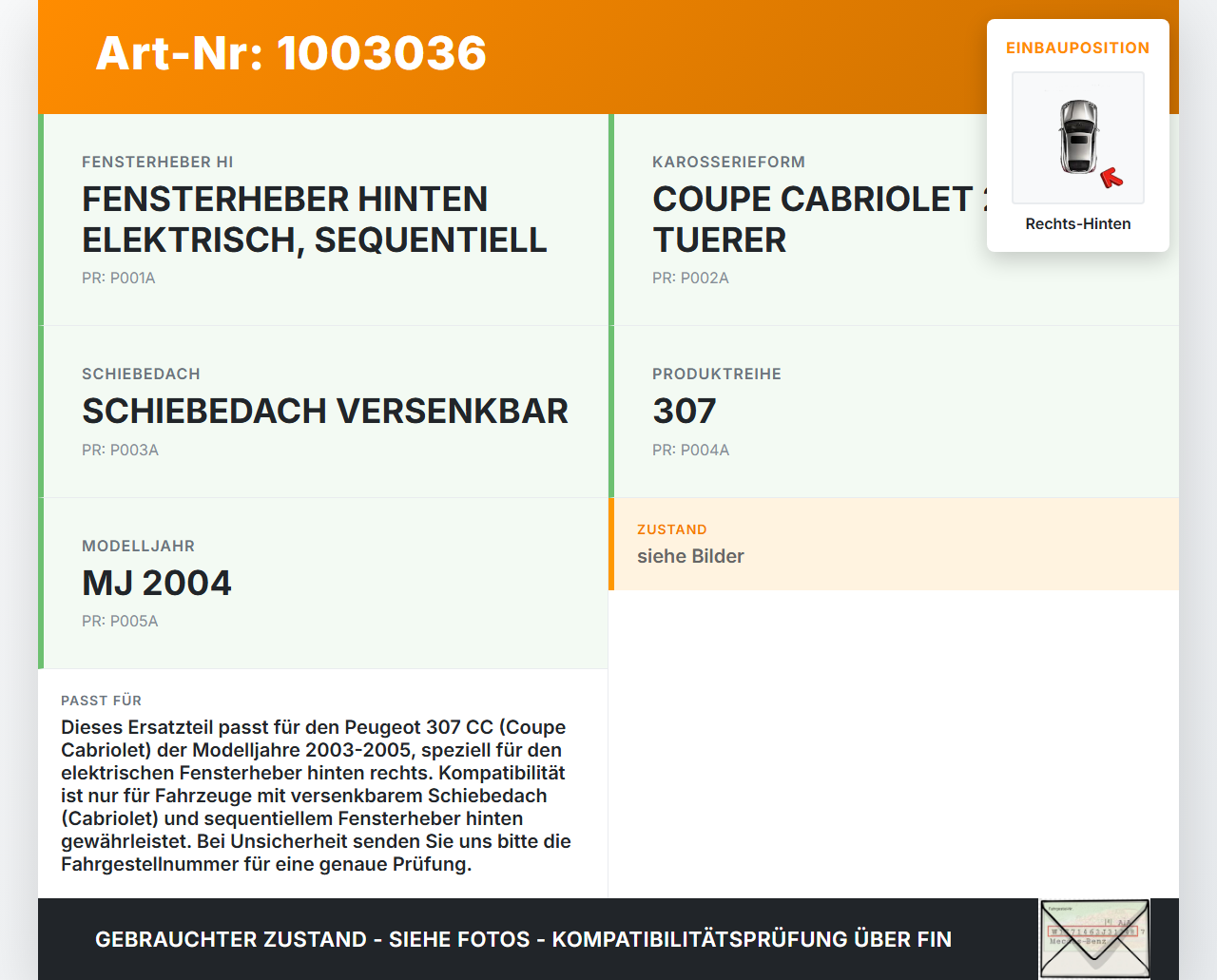 Peugeot 307 CC 03-05 Cabriolet Fensterhebermotor mit Fensterheber Rechts Hinten Peugeot 307 CC 03-05 21.05.2004... Vorschau 3