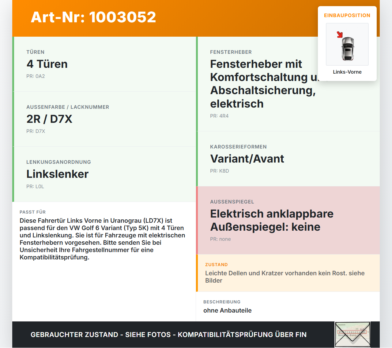 VW Golf 5K 6 VI Variant 08-12 5T Tür Fahrertür Türaußenhaut Links Vorne LD7X VW Golf 5K 6 VI Variant 08-12... Vorschau 3