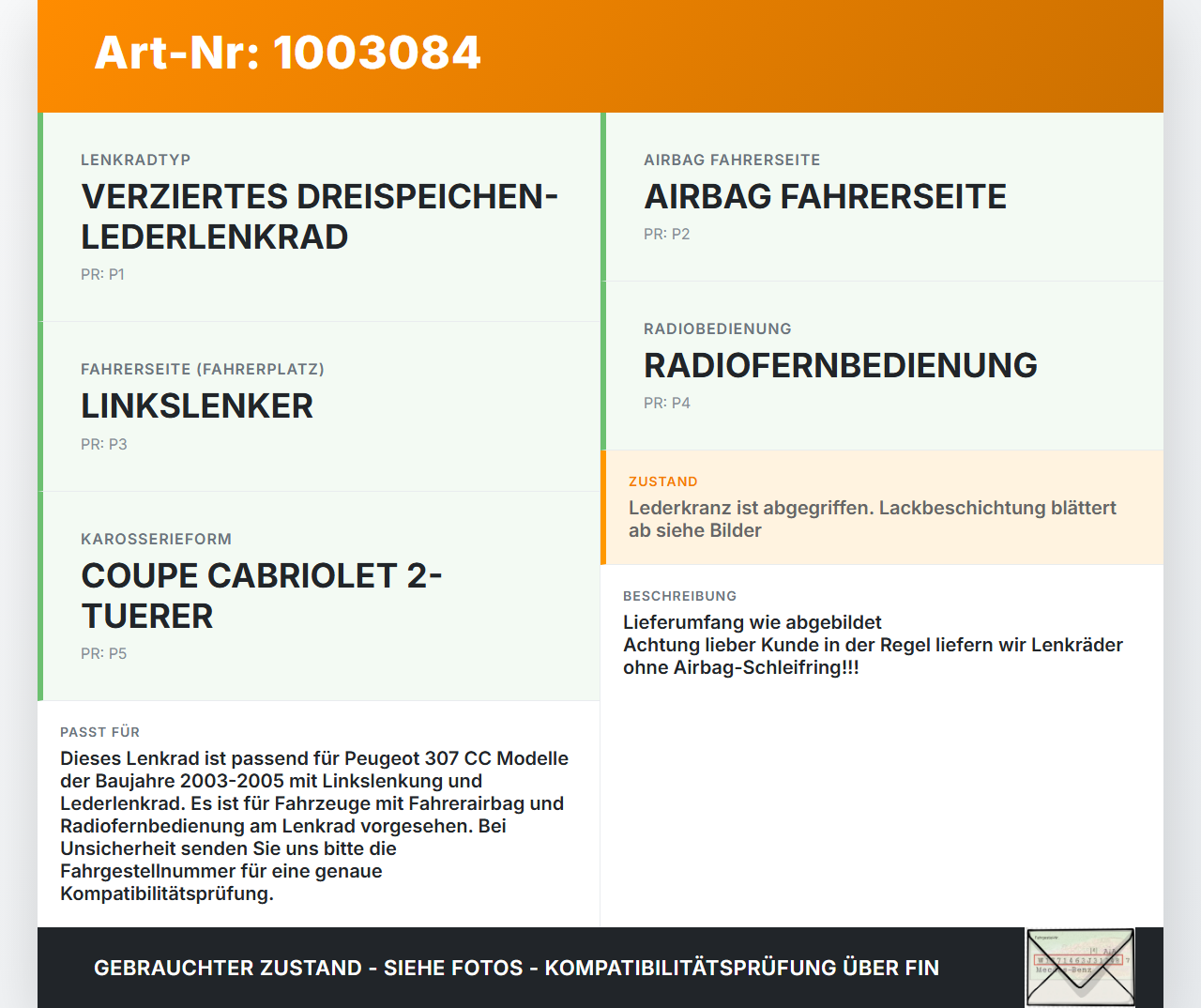 Peugeot 307 CC 03-05 Lenkrad Airbaglenkrad Leder Peugeot 307 CC 03-05 21.05.2004 4109EZ 96345028ZR 4164078 gebraucht Vorschau 3