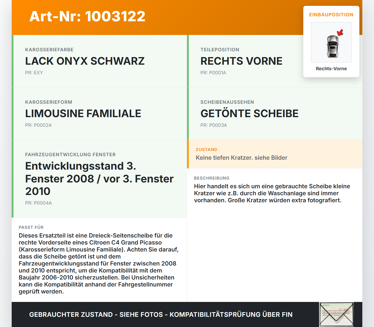Citroen C4 Grand Picasso 06-10 Van RV Dreieck Seitenscheibe Türscheibe Rechts Vorne Citroen C4 Grand Picasso 06-10... Vorschau 3